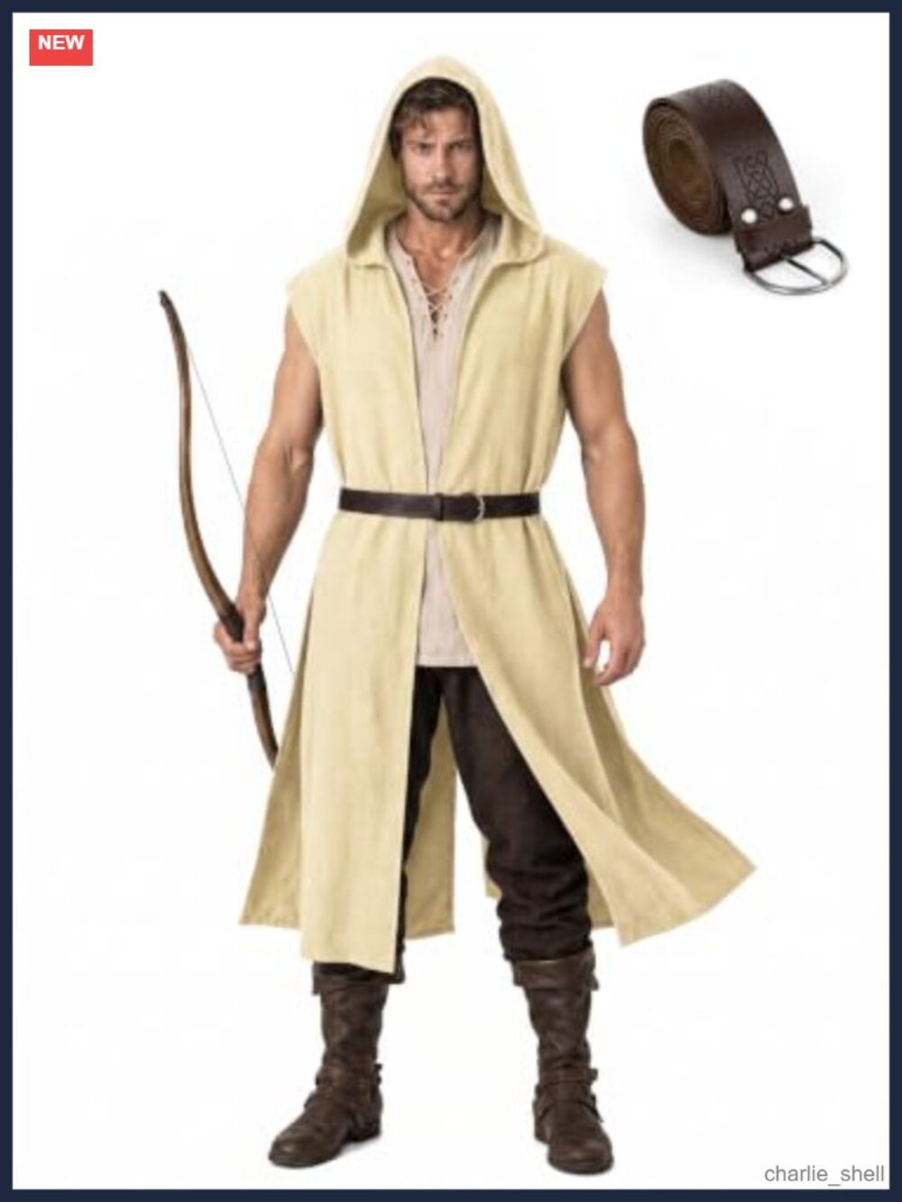 Mens Medieval Hooded Sleeveless Surcoat Faux Linen Ranger Costume